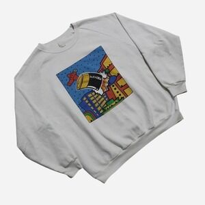 Mens White Vintage 90s Duracell Technology Airplane Promo Crewneck Sweatshirt